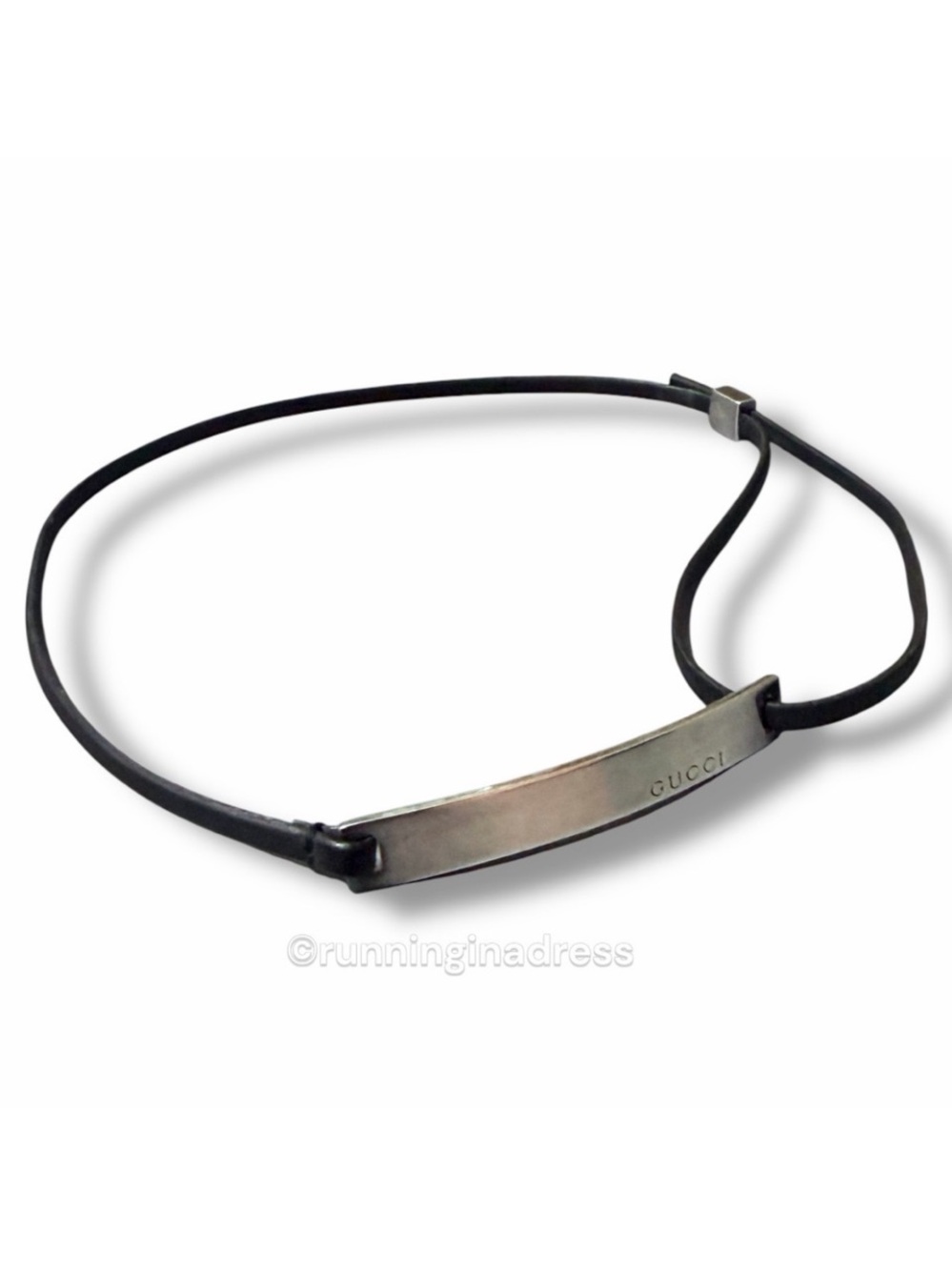 Authentic Y2K Gucci Sterling & Leather Silver Logo Bar Choker Wrap Bracelet - Picture 3 of 12